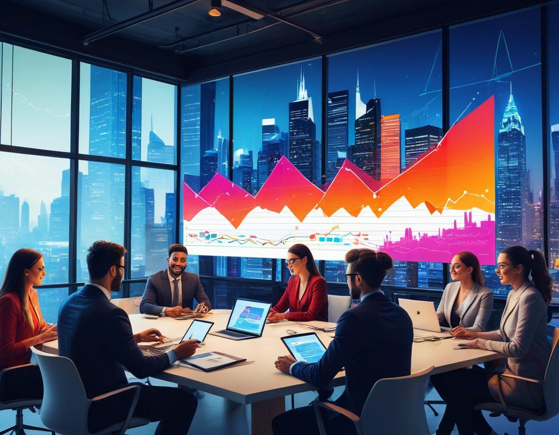A vibrant illustration of a bustling e-commerce marketplace, featuring diverse entrepreneurs brainstorming ideas at a table with digital devices, a graph showing upward trend lines in the background, and a city skyline representing growth. Add splashes of color to signify creativity and innovation. modern art. bright colors. energetic vibe.