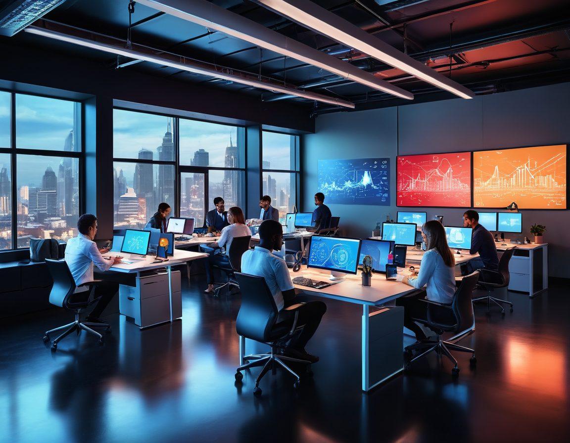 A modern workspace filled with innovative technology tools like laptops, tablets, and smart devices, showcasing a diverse group of entrepreneurs collaborating on projects. The background should feature digital trends like AI graphics, cloud symbols, and data analytics charts. The scene should convey a sense of creativity, teamwork, and futuristic aspirations. vibrant colors. super-realistic.