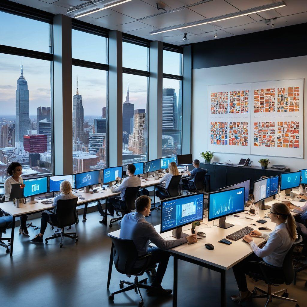A bustling modern office scene filled with diverse entrepreneurs collaborating around a large table with laptops and digital devices. Showcase charts and graphs on screens illustrating growth and strategy, surrounded by innovative tech elements like virtual reality headsets and smart devices. Bright, energizing colors that convey creativity and ambition. Include a city skyline view through a large window for a sense of global reach. super-realistic. vibrant colors.
